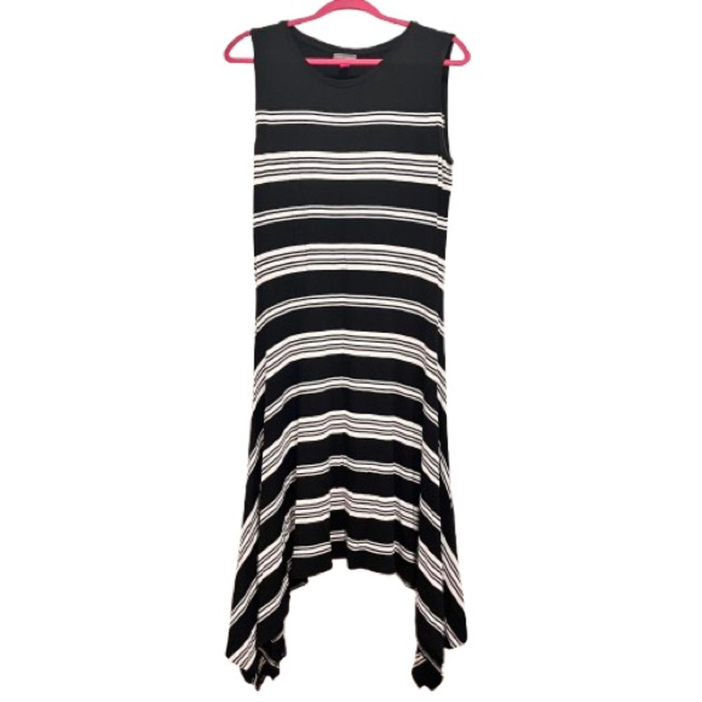 Vince Camuto- Black & White Stripe Asymmetrical Maxi Dress.